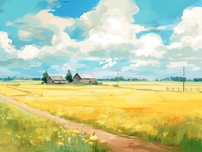 蓝天白云下乡村农村房屋农舍建筑田园田野田地里金黄色的农作物谷物小麦麦穗丰收小满时节手绘背景插画,插画/手绘图,插画/手绘图库,插画/手绘图下载,插画/手绘